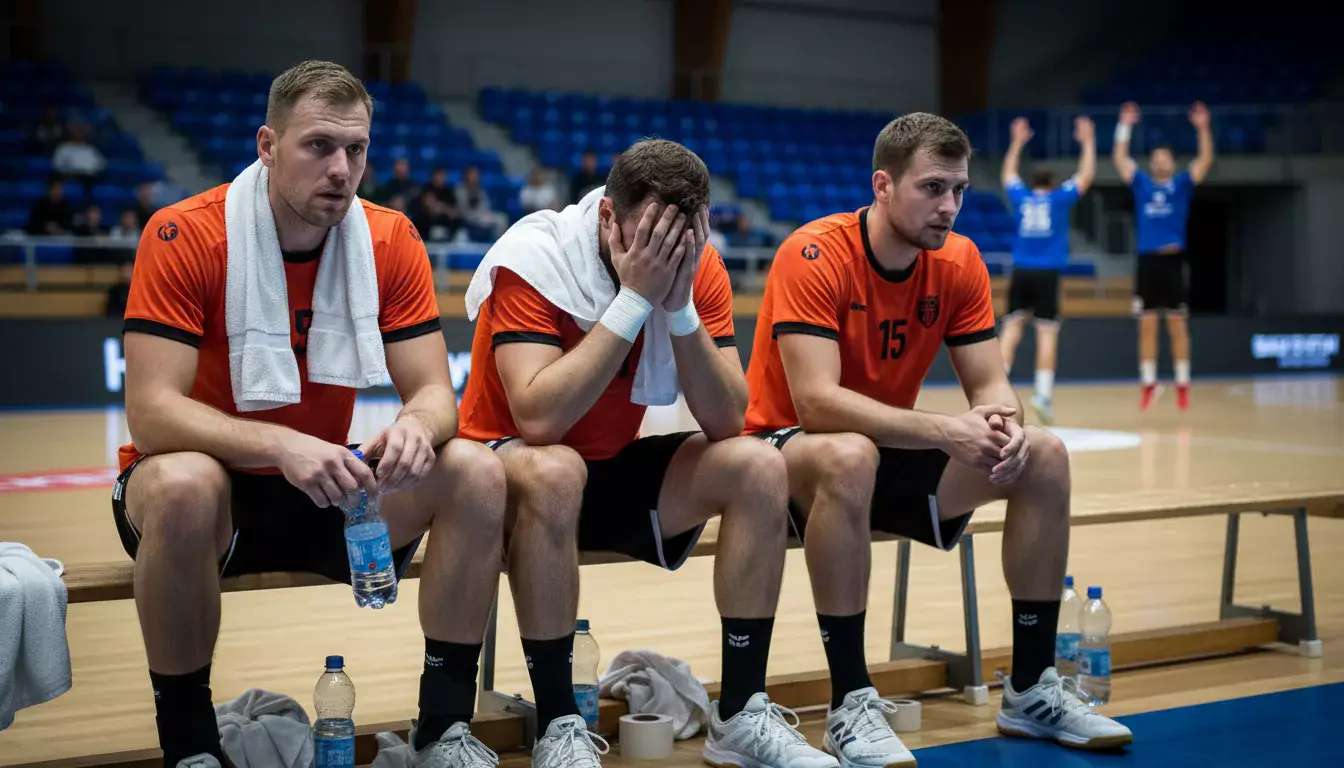Enttäuschte Handball-Spieler nach einer Niederlage auf dem Hallenparkett