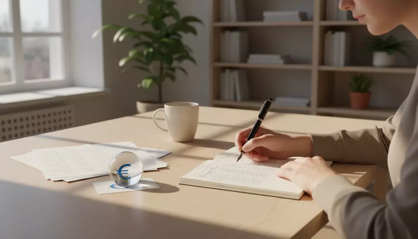 Person plant ein Wettbudget mit Notizblock und Stift auf einem Schreibtisch