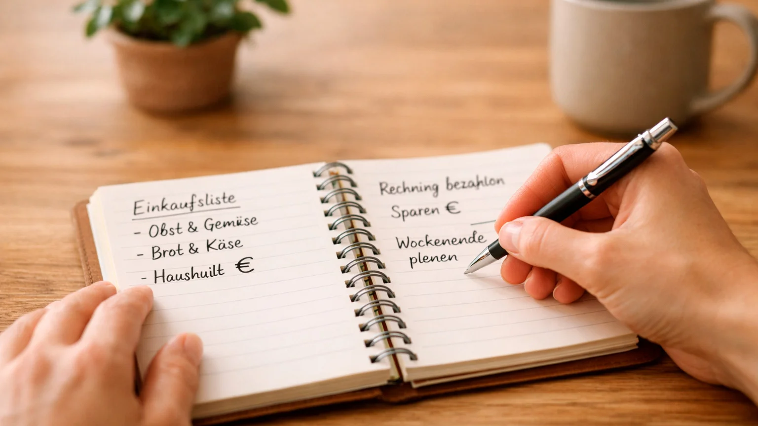 Person macht Notizen in einem Planungsbuch mit Euro-Symbolen