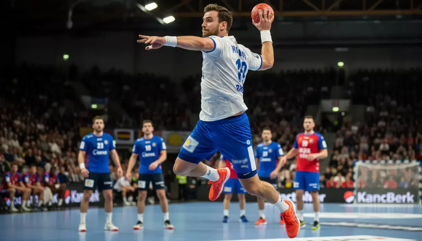 Handball-Spieler wirft den Ball während eines Bundesliga-Spiels in der Halle