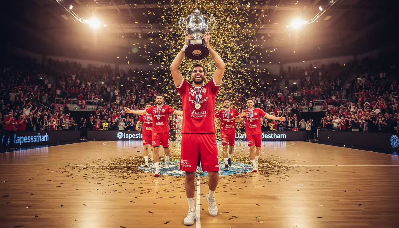 Handball-Spieler hebt den Pokal in die Höhe nach dem DHB-Pokalfinale