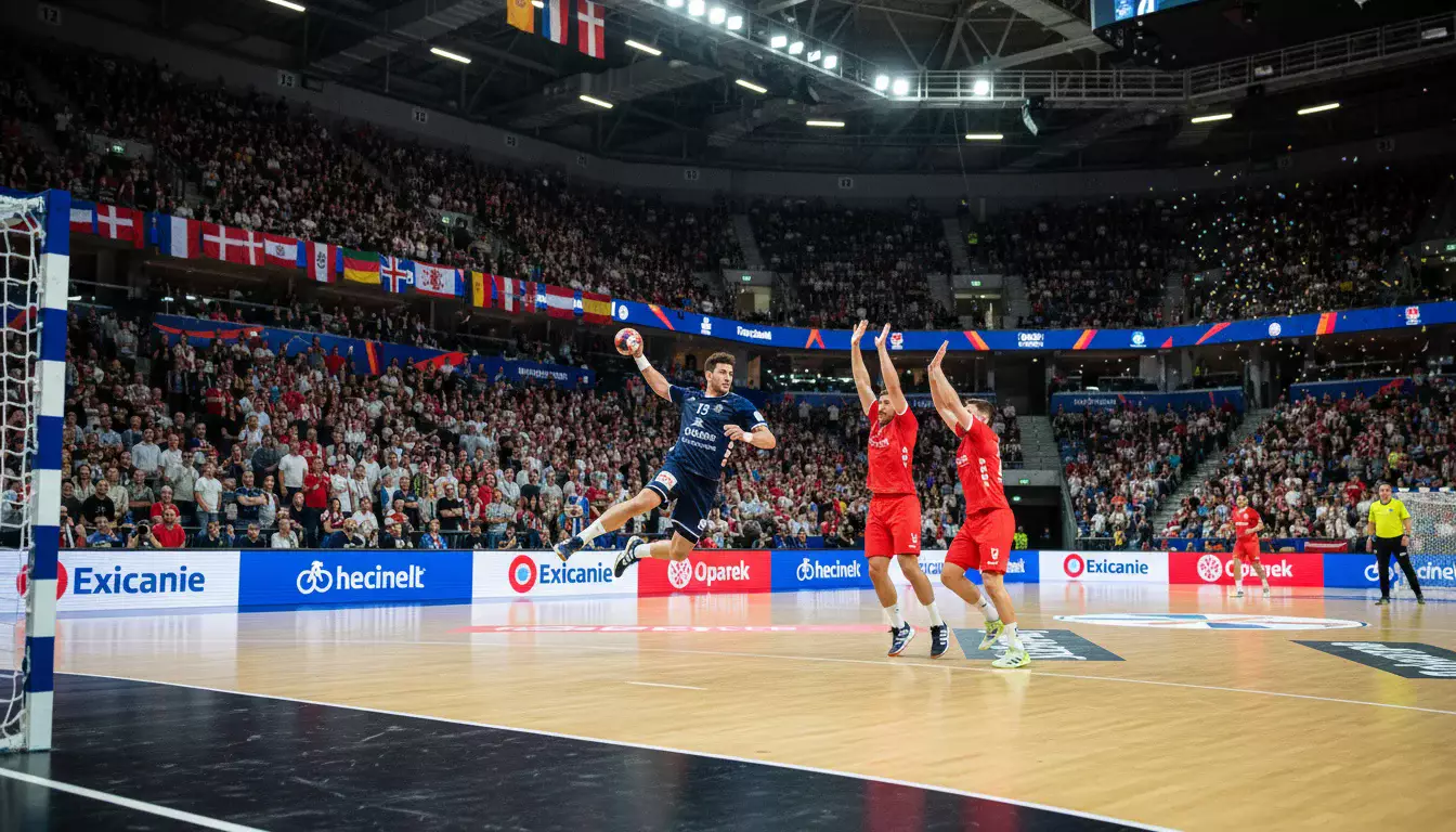 Handball-Spielszene in einer großen europäischen Arena bei einem Champions-League-Spiel