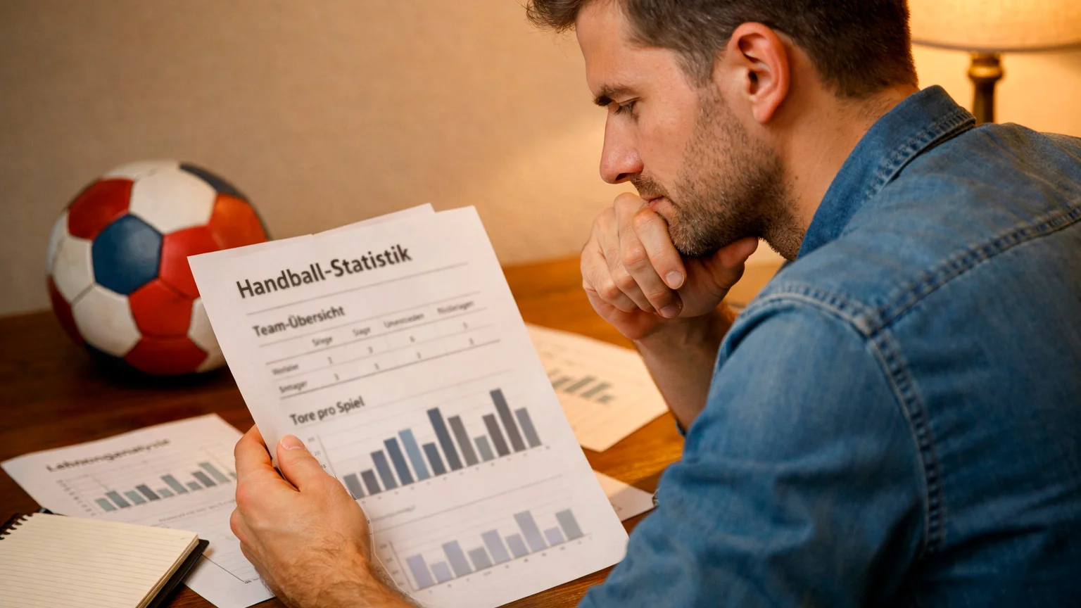 Nachdenklicher Mann analysiert Handball-Statistiken am Schreibtisch