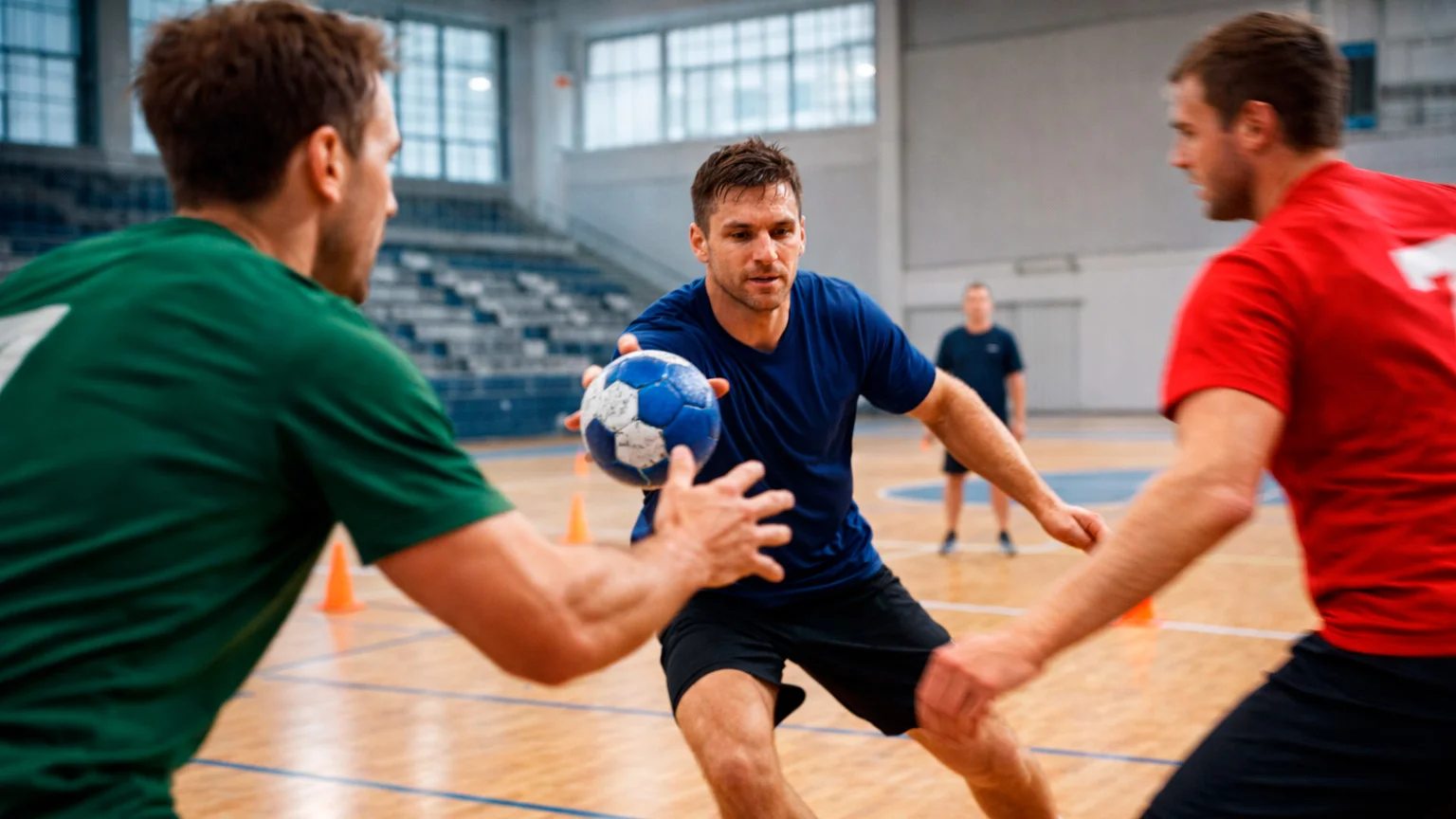 Handball-Spieler beim intensiven Training in der Sporthalle