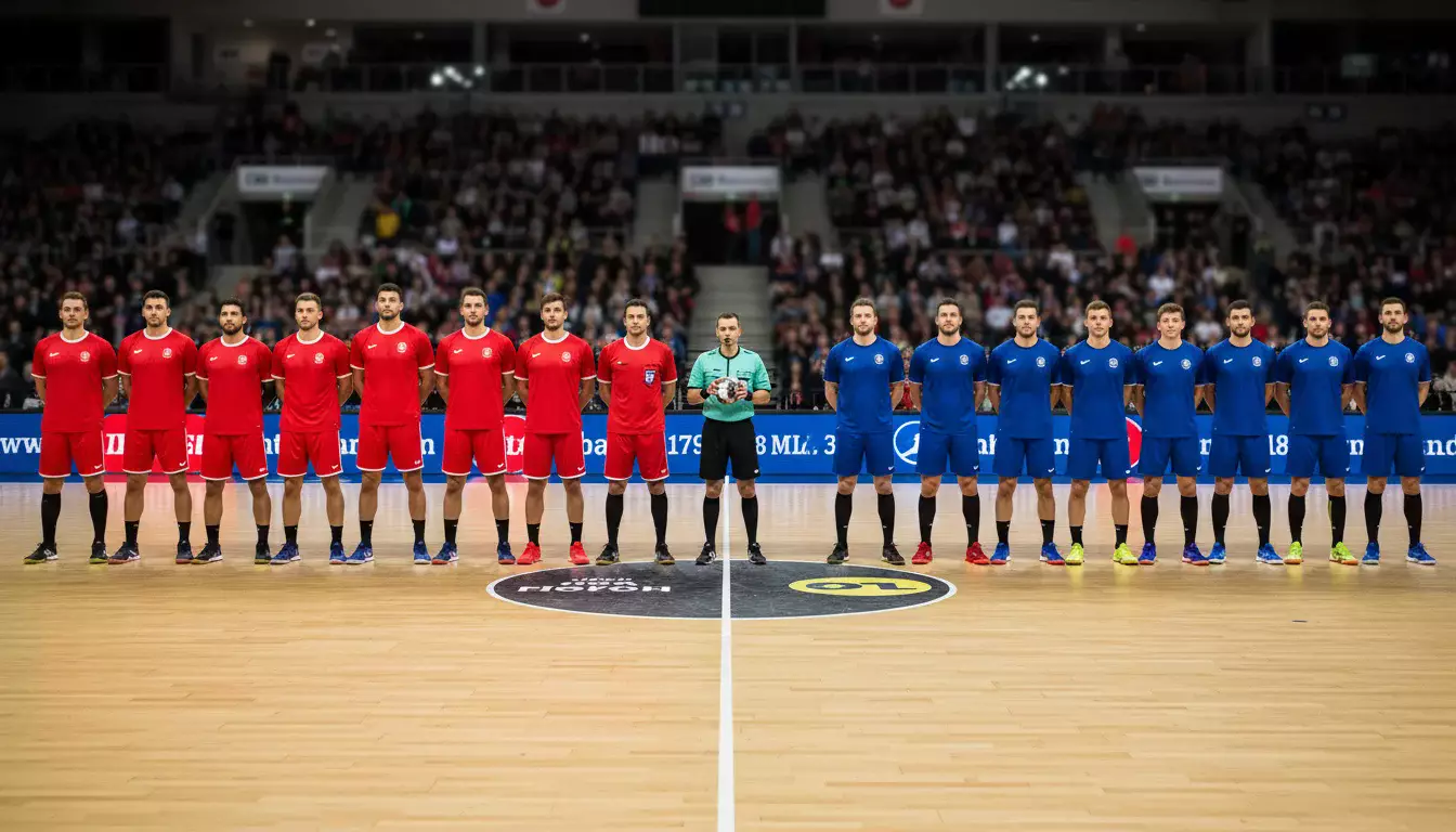 Zwei Handball-Mannschaften beim Anpfiff auf dem Spielfeld gegenüberstehend