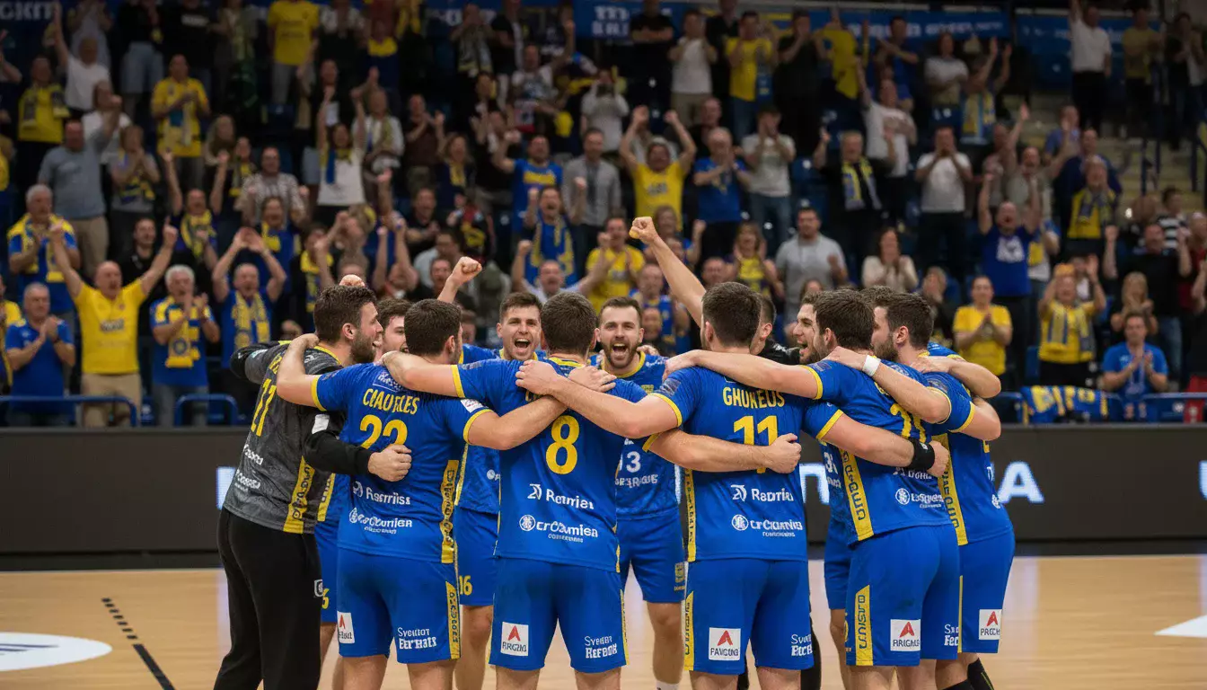 Handball-Team in Blau-Gelb jubelt gemeinsam nach einem Bundesliga-Sieg