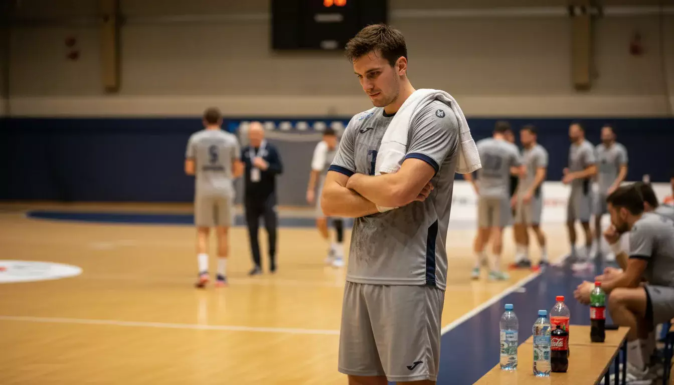 Handball-Spieler steht nachdenklich am Spielfeldrand während einer Auszeit