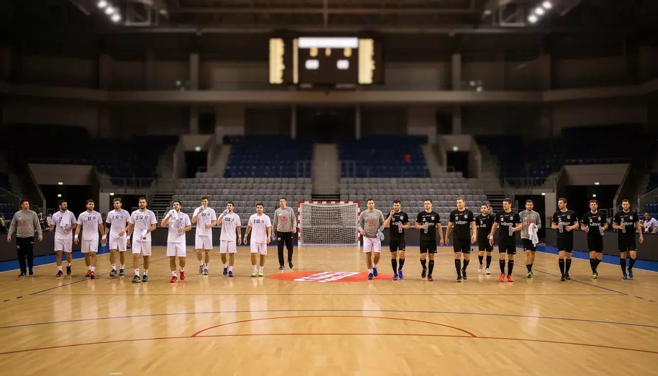 Handball-Teams in der Halbzeitpause auf dem Weg in die Kabine