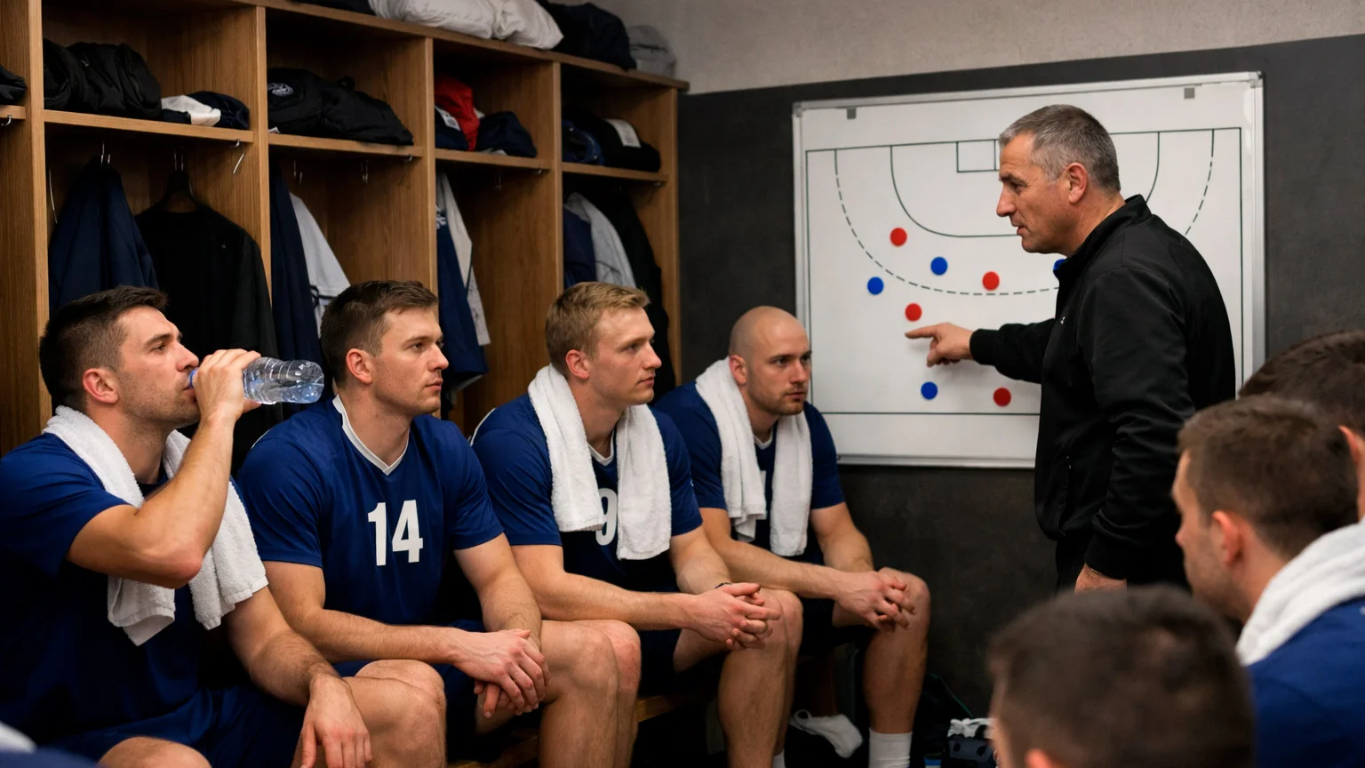 Handball-Teams in der Kabine während der Halbzeitpause