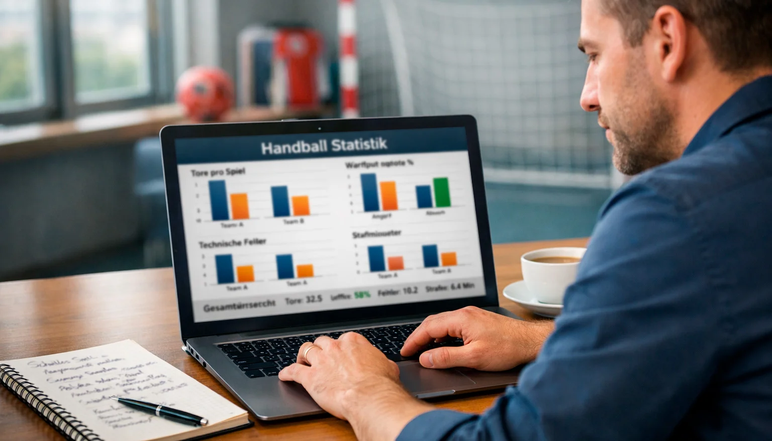 Sportanalyst studiert Handball-Statistiken auf Laptop