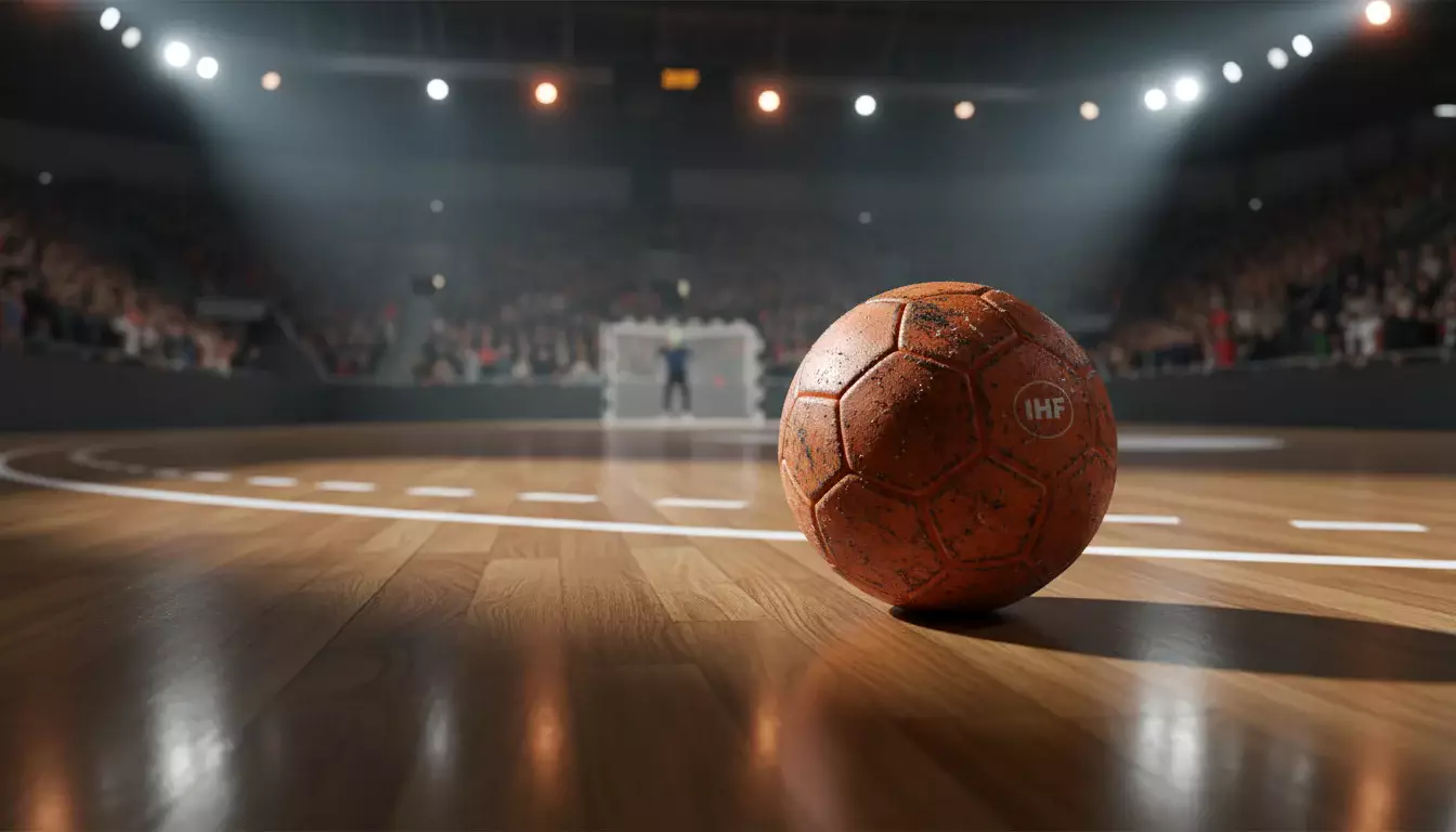 Handball auf dem Spielfeld vor einer vollen Arena in der Bundesliga