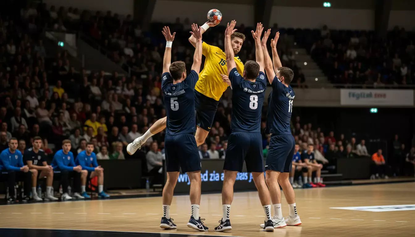 Handball-Spieler beim Sprungwurf über die Abwehrreihe in einer Bundesliga-Partie