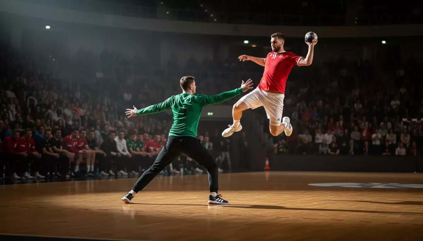 Handball-Spieler beim Torwurf in der Bundesliga-Halle mit Zuschauern im Hintergrund