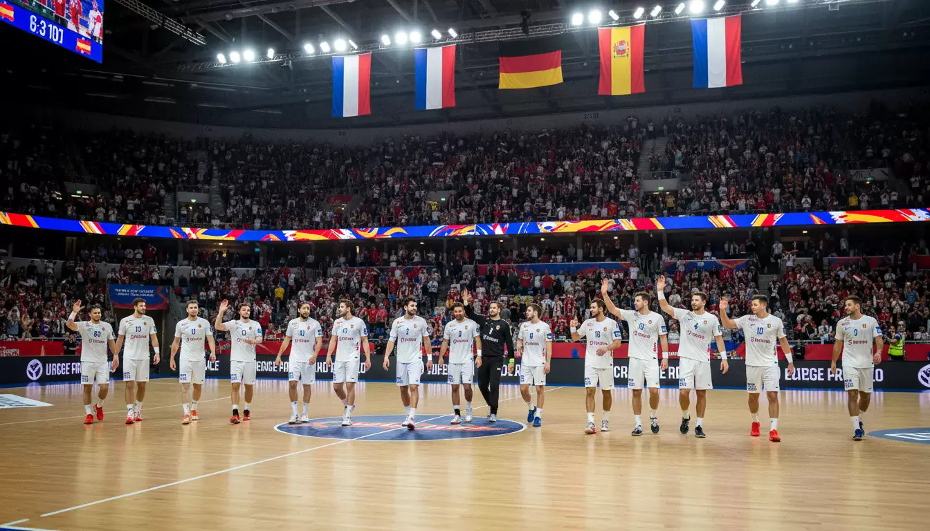 Handball-Nationalmannschaft beim Einlaufen in eine große Turnierhalle mit Fahnen