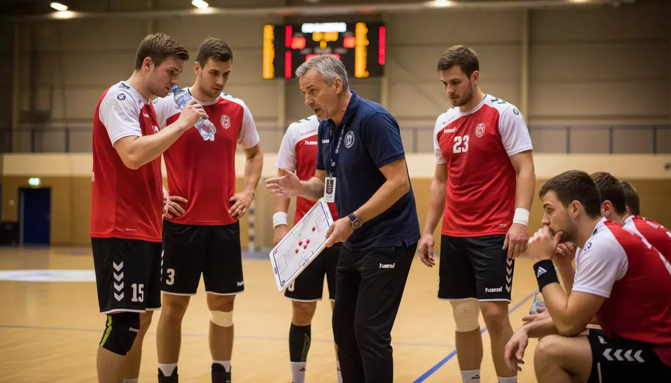 Handball-Spielszene mit Trainer an der Seitenlinie während einer Auszeit