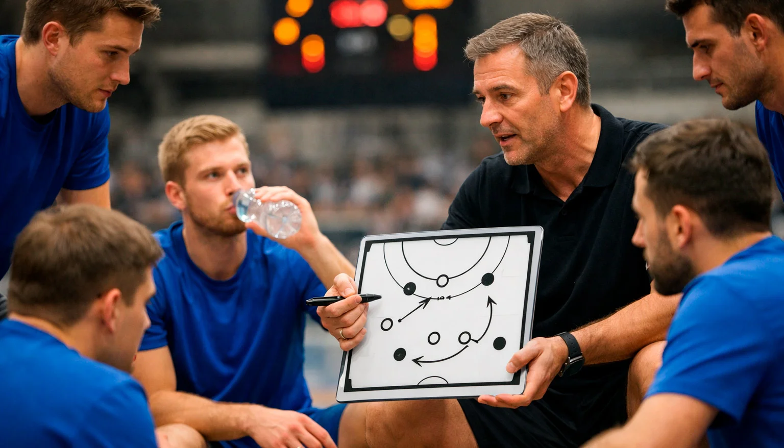 Trainer bespricht Taktik mit Spielern während Auszeit