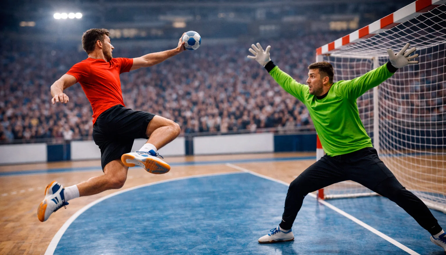 Handballspieler im Angriff vor dem Torwart