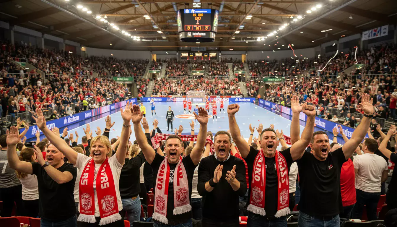 Handball-Szene mit jubelnden Fans und Spielern in einer Bundesliga-Halle