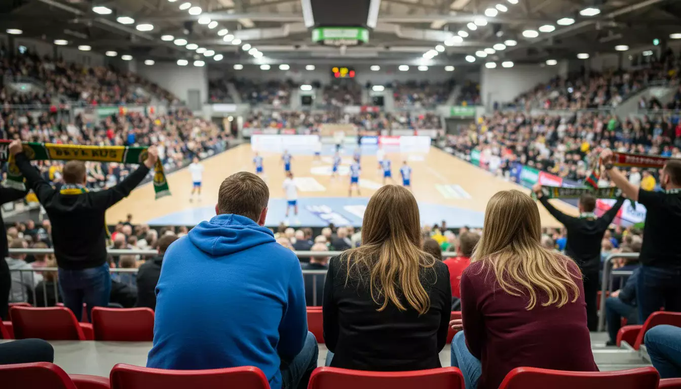 Zuschauer verfolgen gebannt ein Handball-Bundesliga-Spiel von der Tribüne