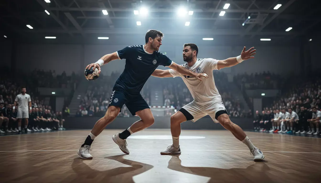 Zwei Handball-Mannschaften im intensiven Zweikampf auf dem Spielfeld