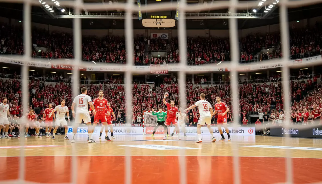 Volle Handball-Halle mit jubelnden Heimfans während eines Bundesliga-Spiels