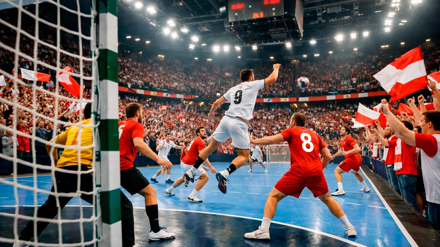 Volle Handballhalle mit begeisterten Fans und Heimmannschaft