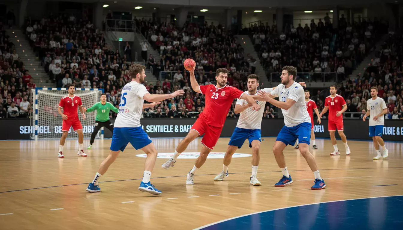 Mehrere Handball-Spieler in Aktion während einer spannenden Bundesliga-Partie