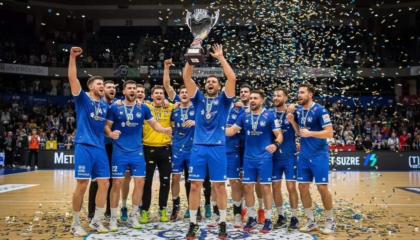 Handball-Mannschaft feiert mit Pokal nach dem Gewinn der Bundesliga-Meisterschaft