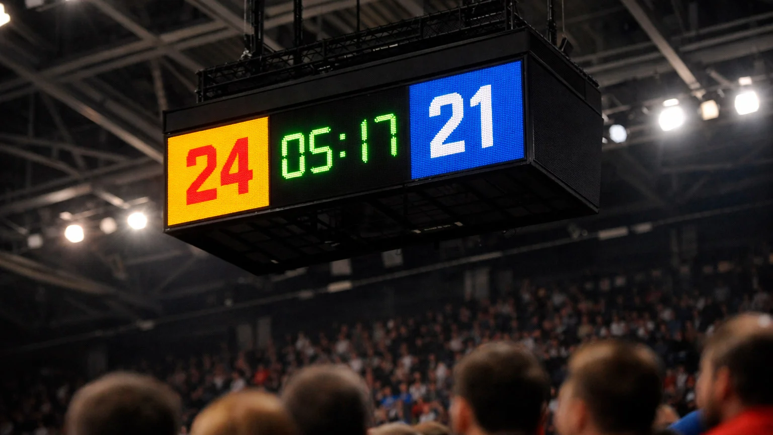 Anzeigetafel in Handballhalle zeigt aktuellen Spielstand