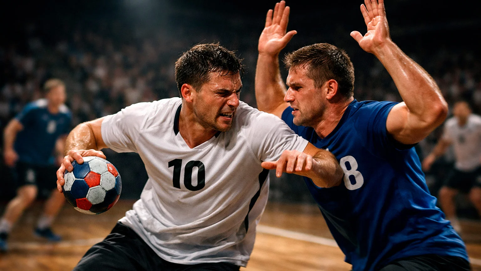 Spannendes Handball-Spiel mit Spielern im Zweikampf