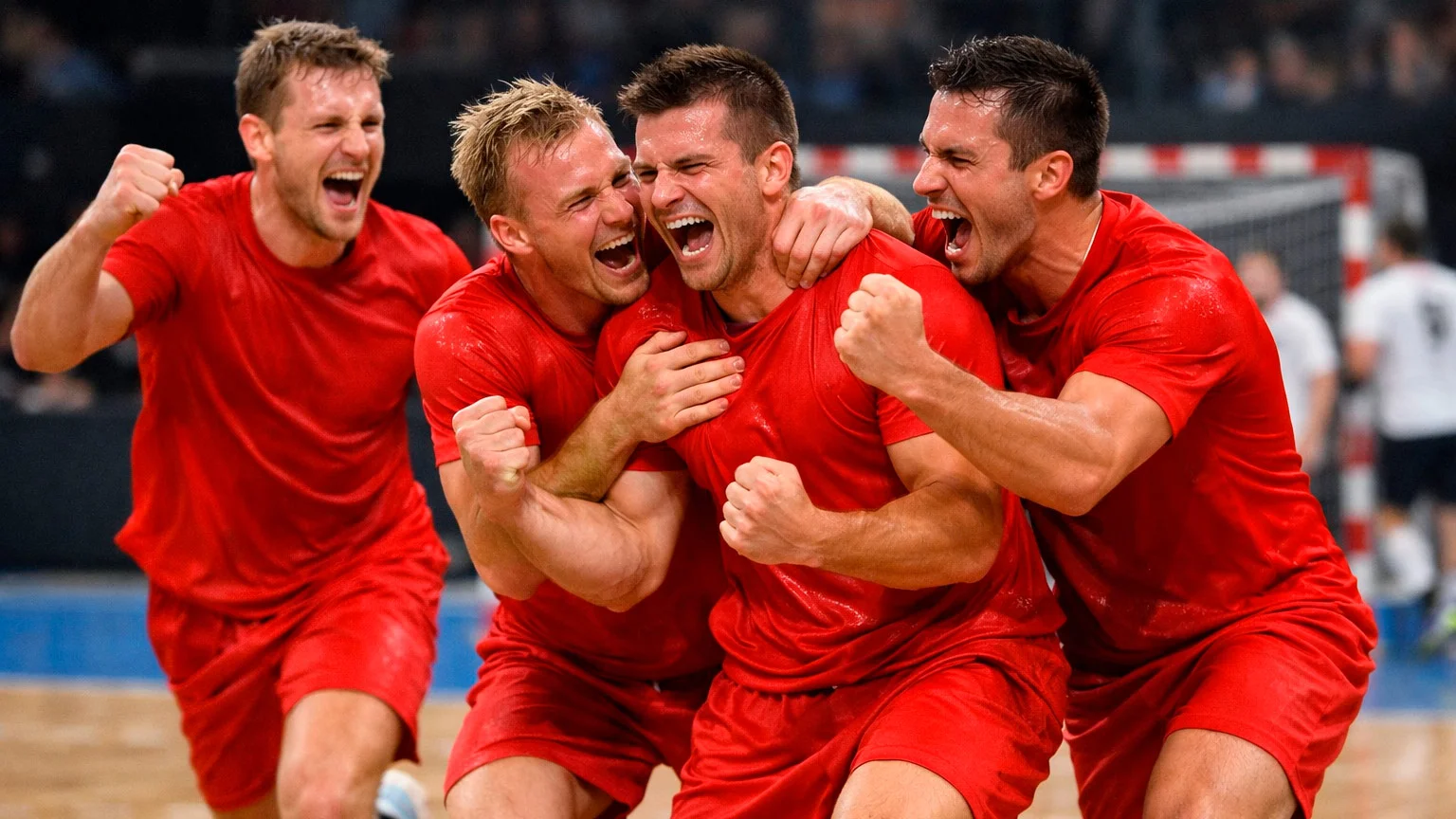 Jubelnde Handball-Spieler nach einem erfolgreichen Angriff