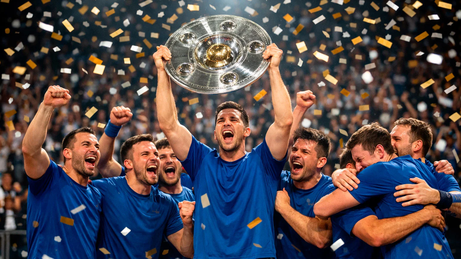 Handball-Mannschaft mit Meisterschale bei der Siegerehrung