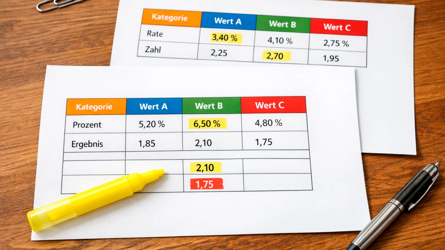 Vergleichstabelle mit Zahlen und Prozentzeichen auf Papier