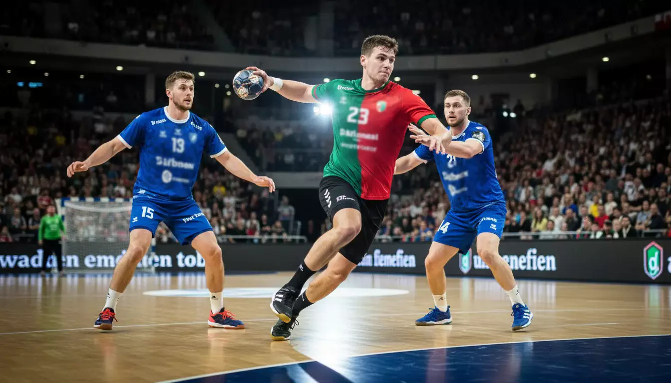 Handball-Spieler in Grün-Rot beim kraftvollen Angriff in einer vollen Arena