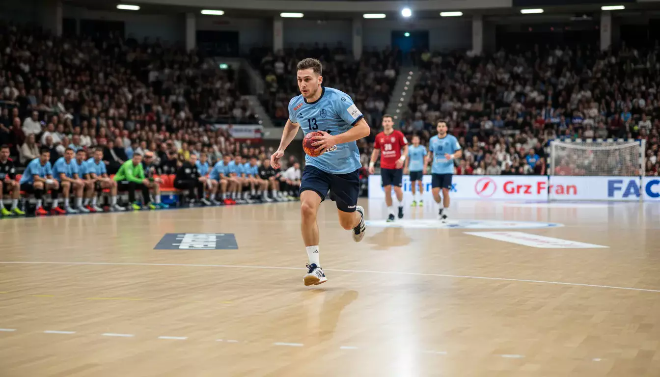 Handball-Spieler im Tempogegenstoß auf dem Weg zum Tor in einer Bundesliga-Halle