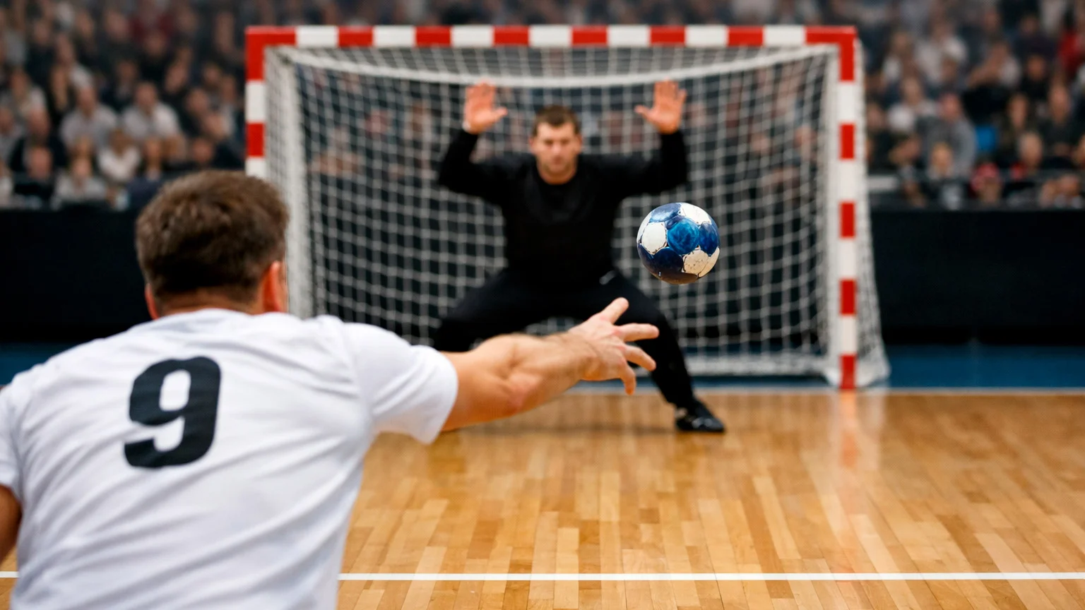 Siebenmeter-Wurf eines Handballspielers auf das Tor