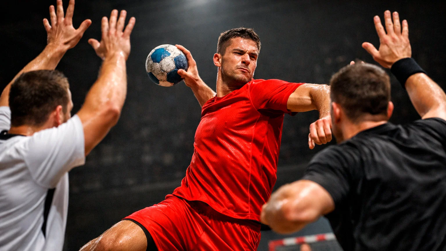 Rückraumspieler beim kraftvollen Torwurf im Handball