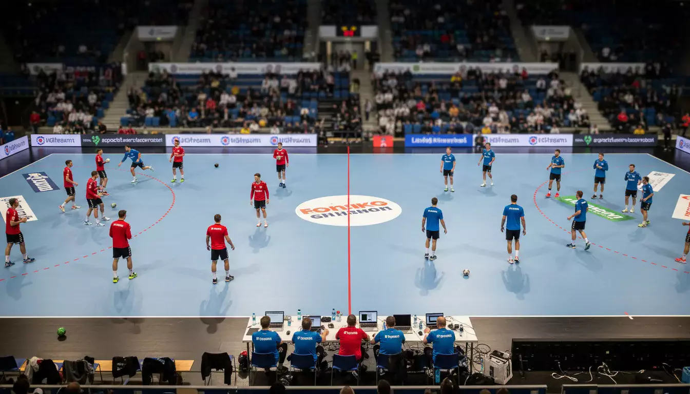 Handball-Mannschaften beim Aufwärmen vor Anpfiff in der Bundesliga-Halle