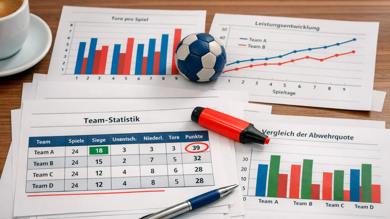 Sportanalyse-Dokumente mit Diagrammen auf dem Schreibtisch