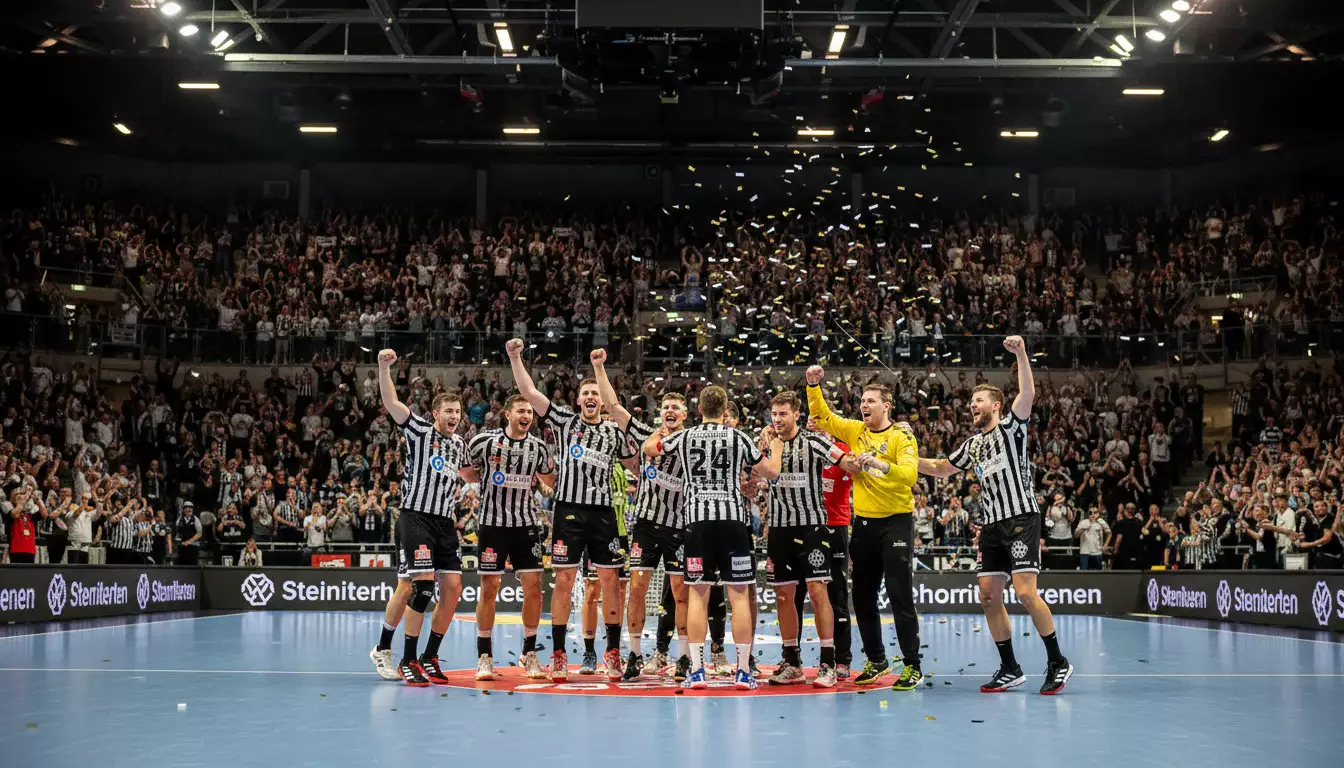 Handball-Mannschaft in Schwarz-Weiß feiert einen Sieg in der ausverkauften Halle