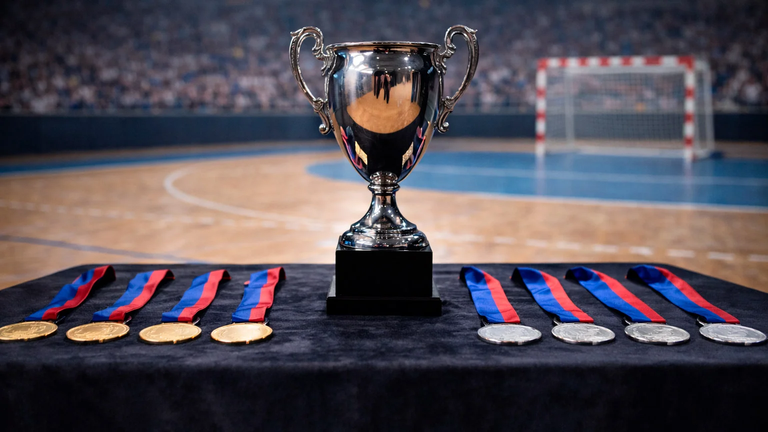 Pokal und Medaillen auf dem Tisch vor Handball-Spielfeld