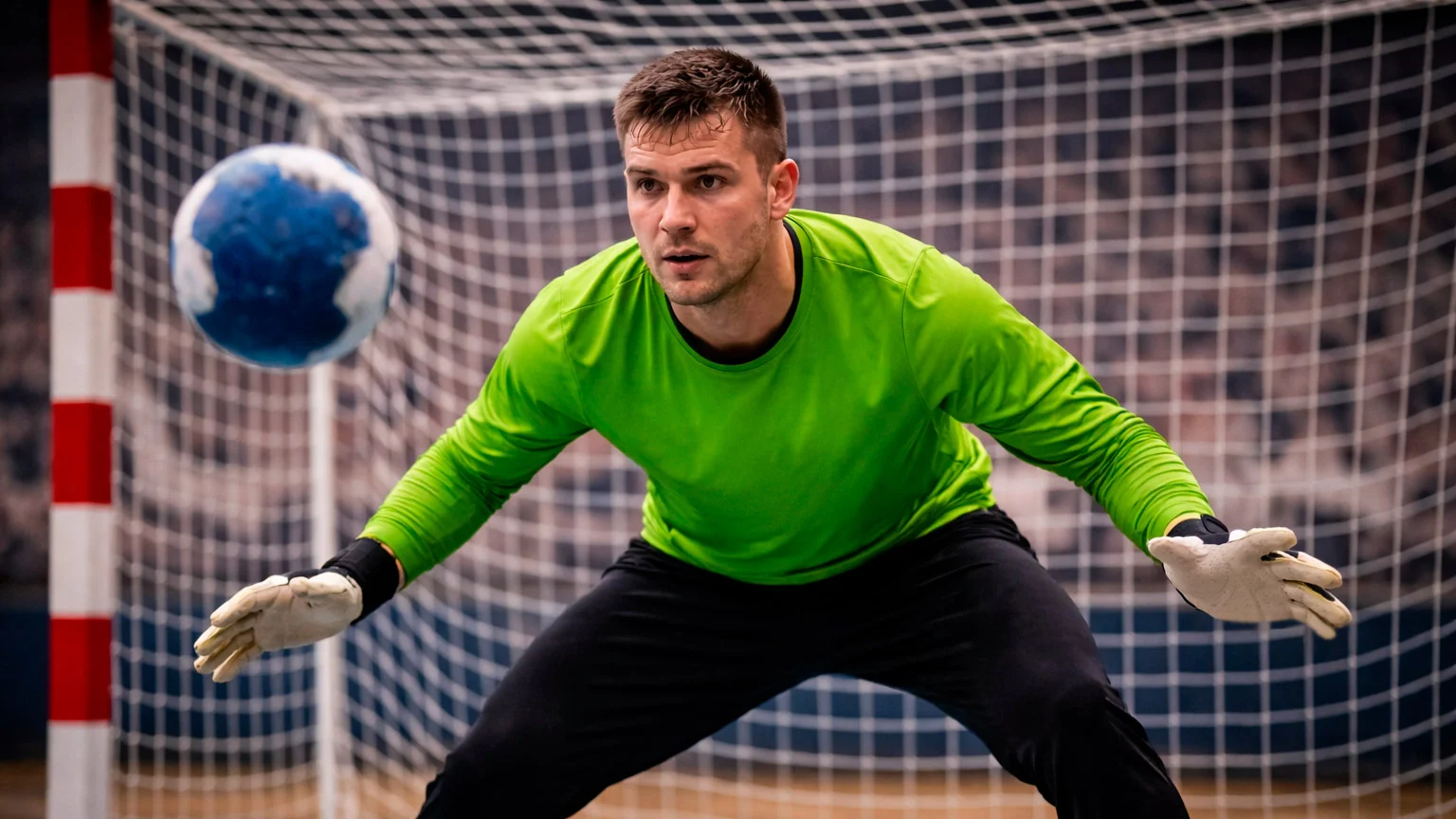 Handball-Torwart in Abwehrhaltung pariert einen Wurf