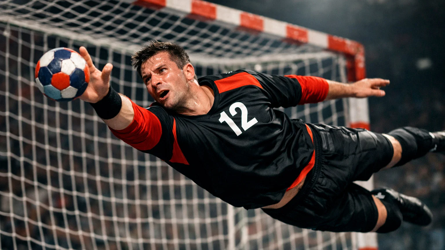 Torwart hält einen Handball während des Spiels