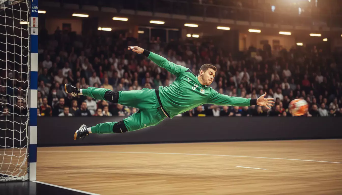 Handball-Torwart pariert einen Wurf in einer vollen Sporthalle