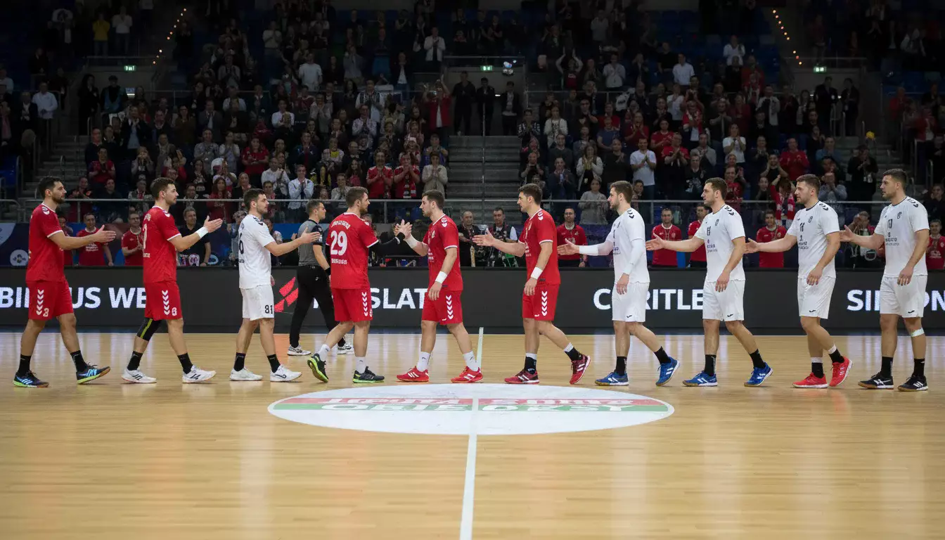 Zwei Handball-Mannschaften nach einem knappen Spielausgang am Spielfeldrand