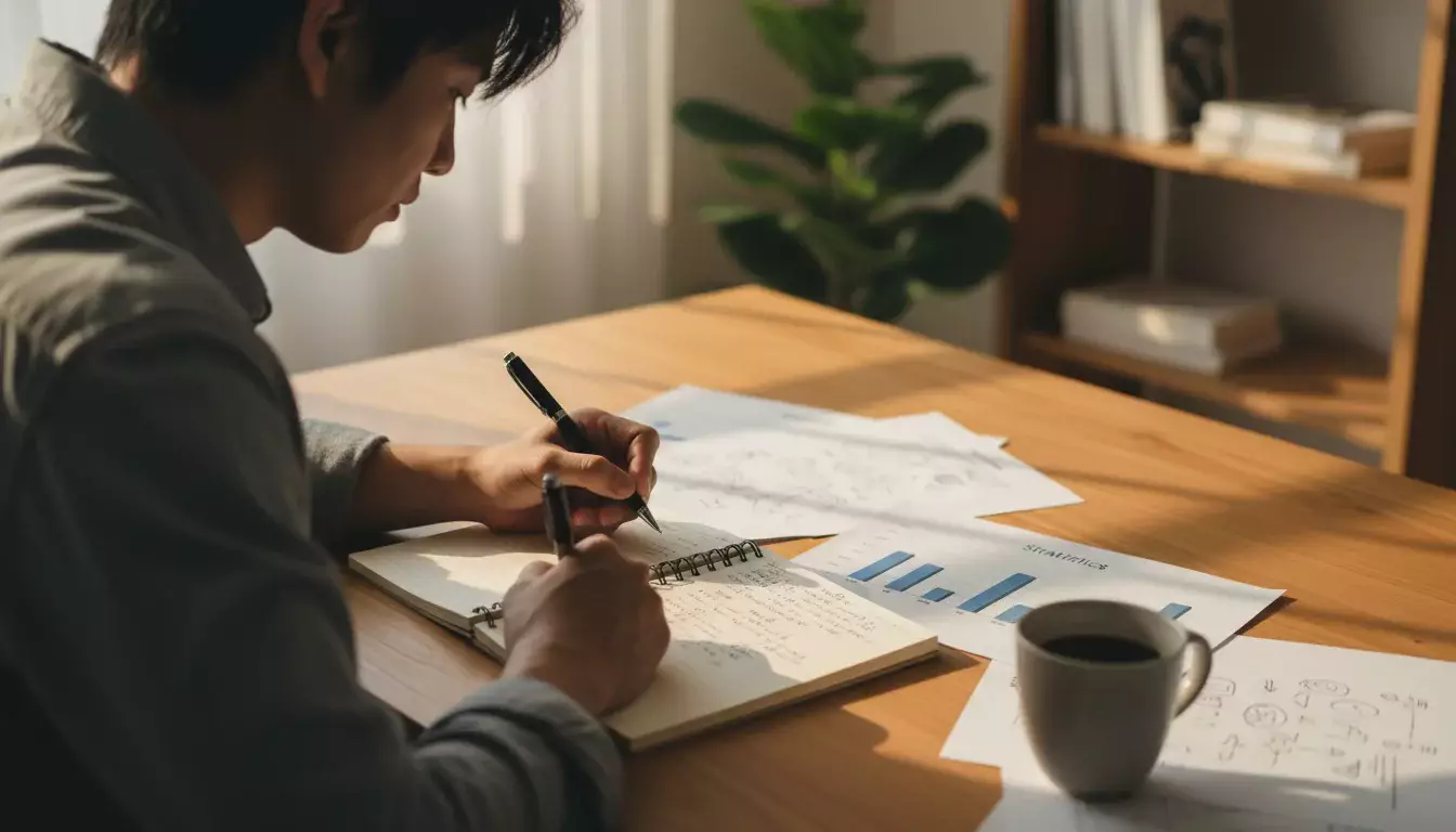 Person analysiert Handball-Statistiken an einem Schreibtisch mit Notizblock