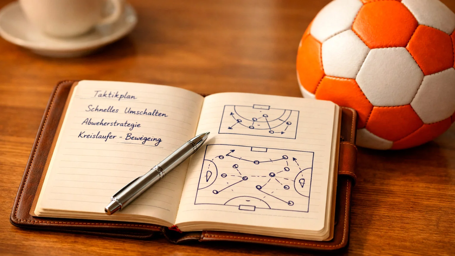 Notizblock mit Stift und Handball auf einem Tisch