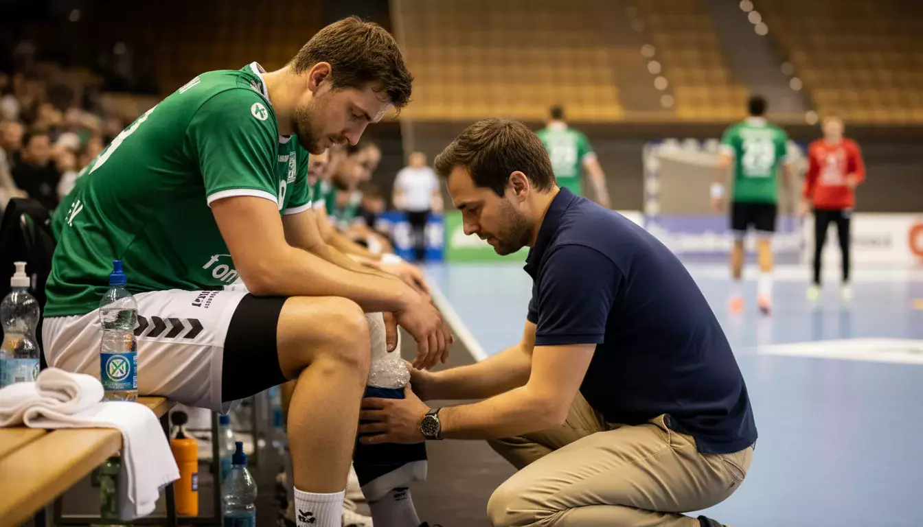 Handball-Spieler wird auf der Bank von einem Physiotherapeuten behandelt