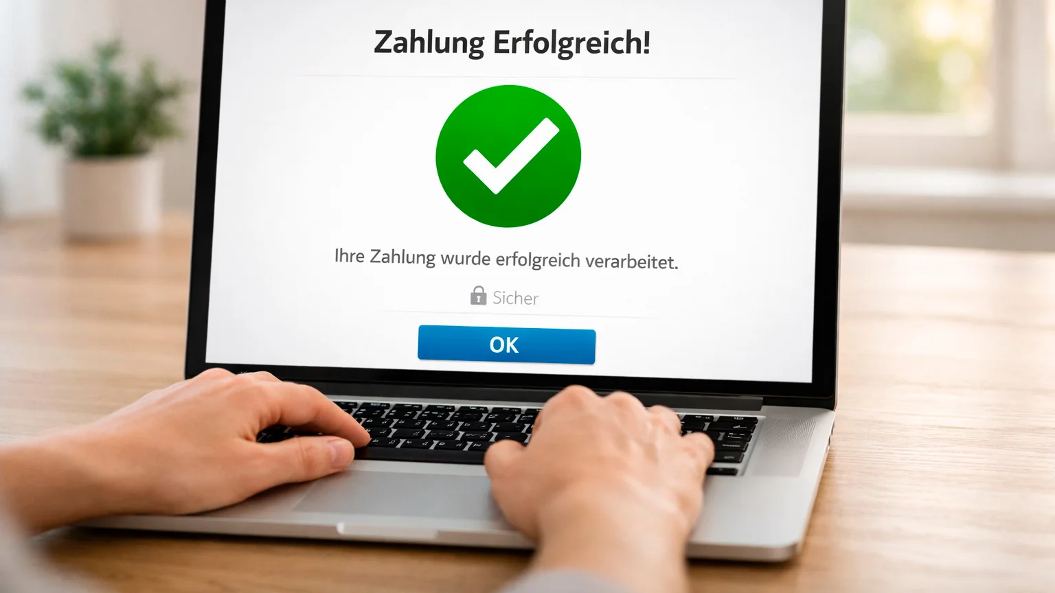 Sichere Online-Zahlung am Laptop mit Bestätigung