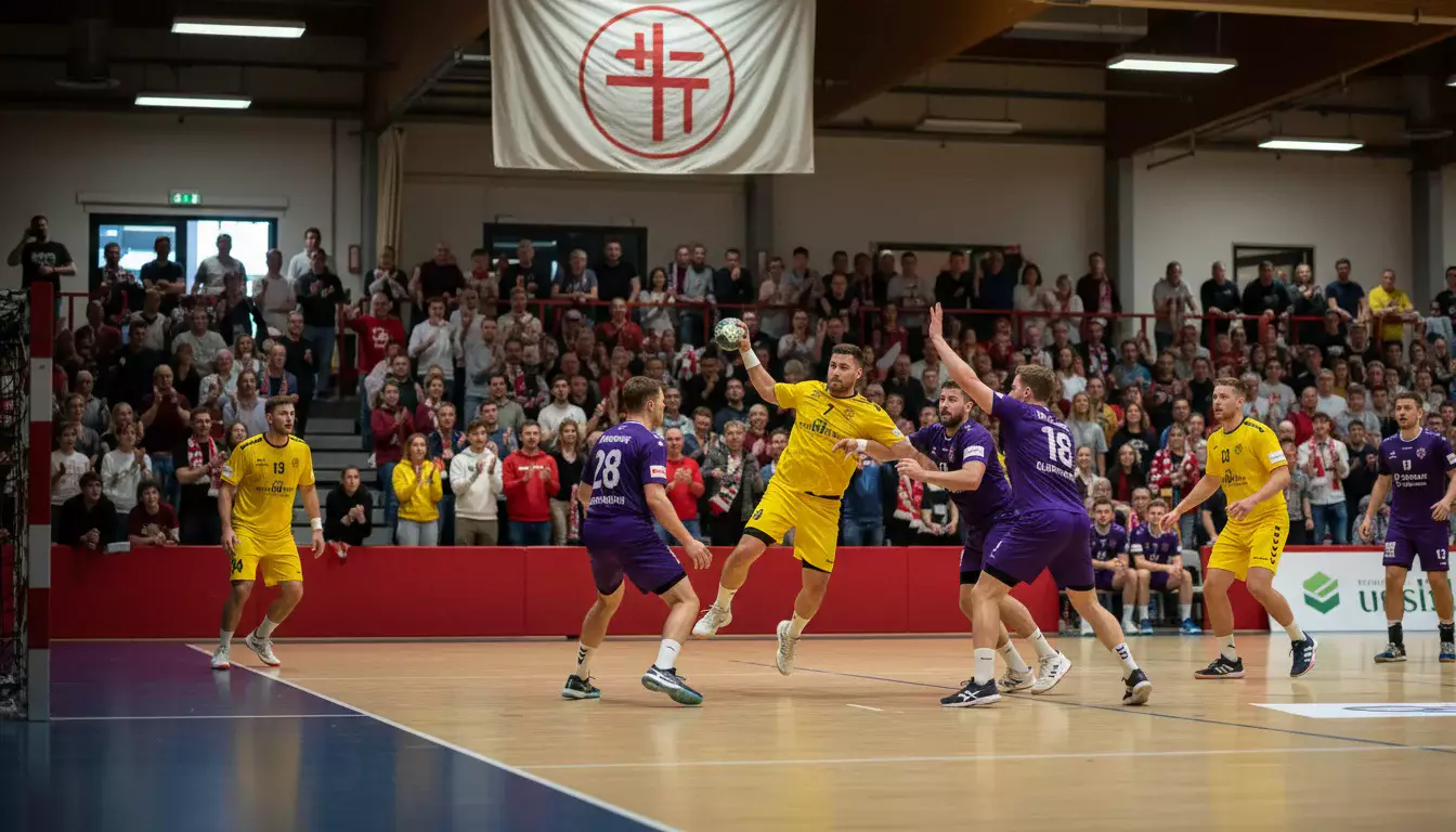 Handball-Spiel in einer kleineren Halle der 2. Bundesliga mit engagierten Fans